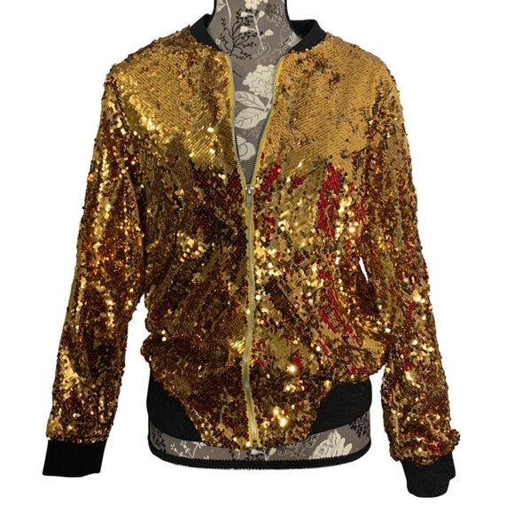 NWT $89 CRESAY Bomber Jacket Sequin Fitted Gold Sequence Zip Up Blazer SZ Small - Picture 1 of 7